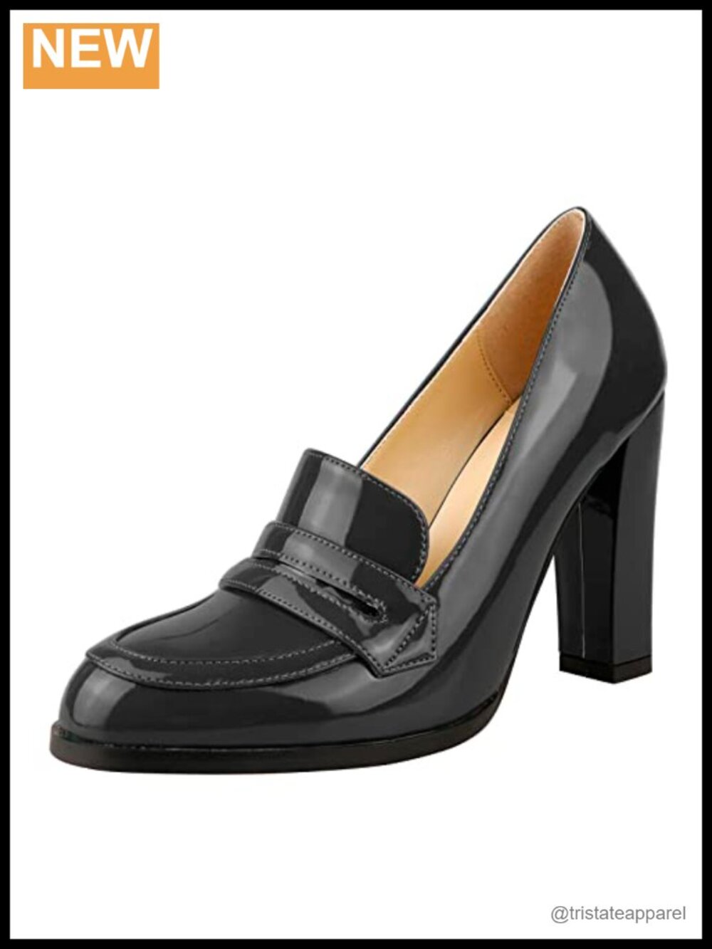 Patent Leather Round Toe Chunky High Heel Slip On Loafer Pumps for Work Party